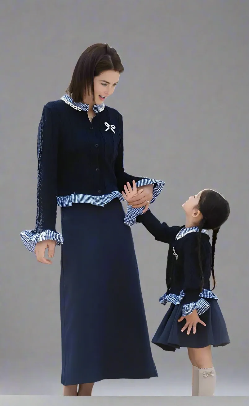 Mother-Daughter Matching Navy Knit Cardigan Set  Gingham Ruffle Trim & Bow Accent