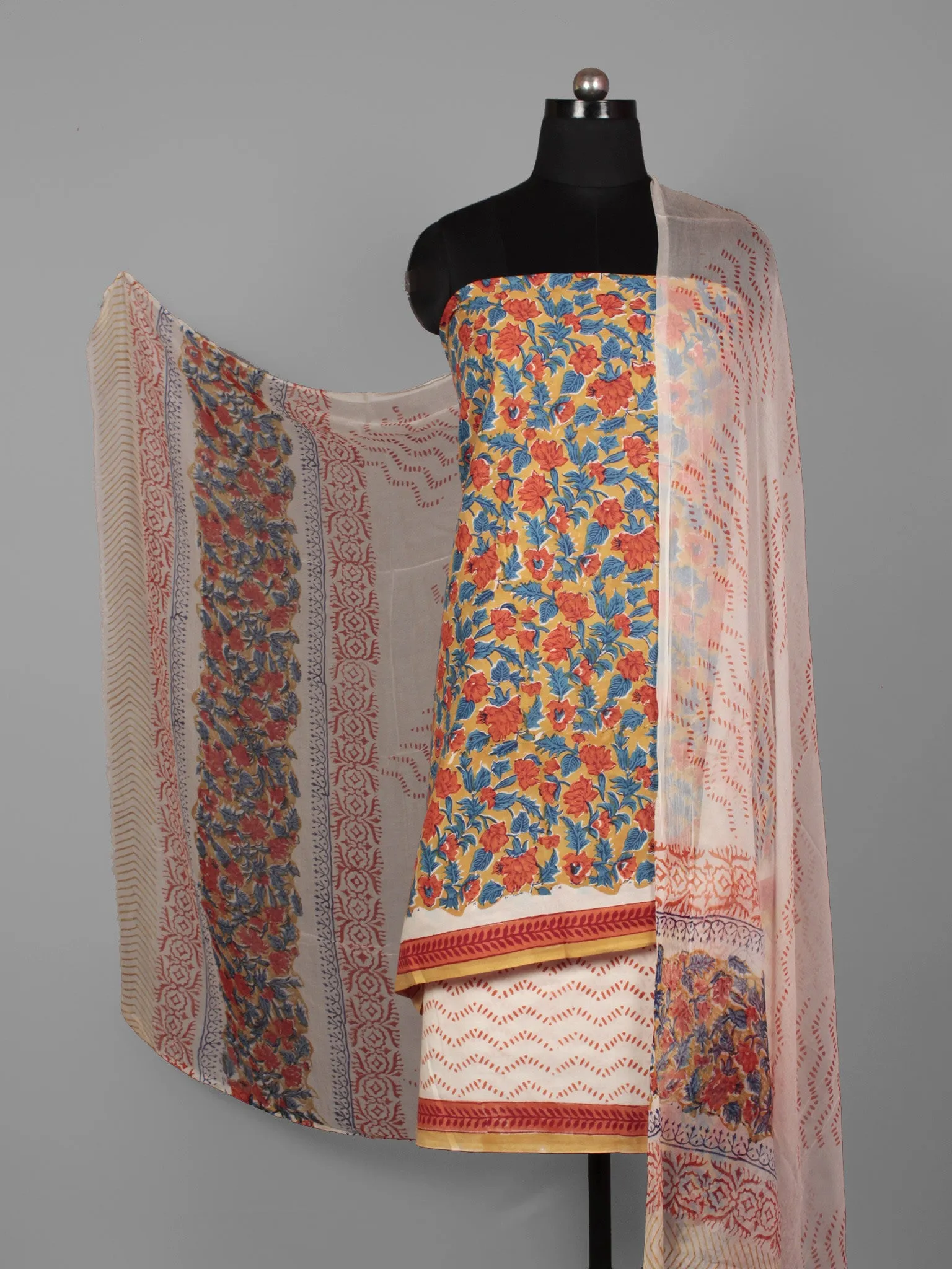 Mustard Red Blue Ivory Hand Block Printed Cotton Suit-Salwar Fabric With Chiffon Dupatta (Set of 3) - S16281277
