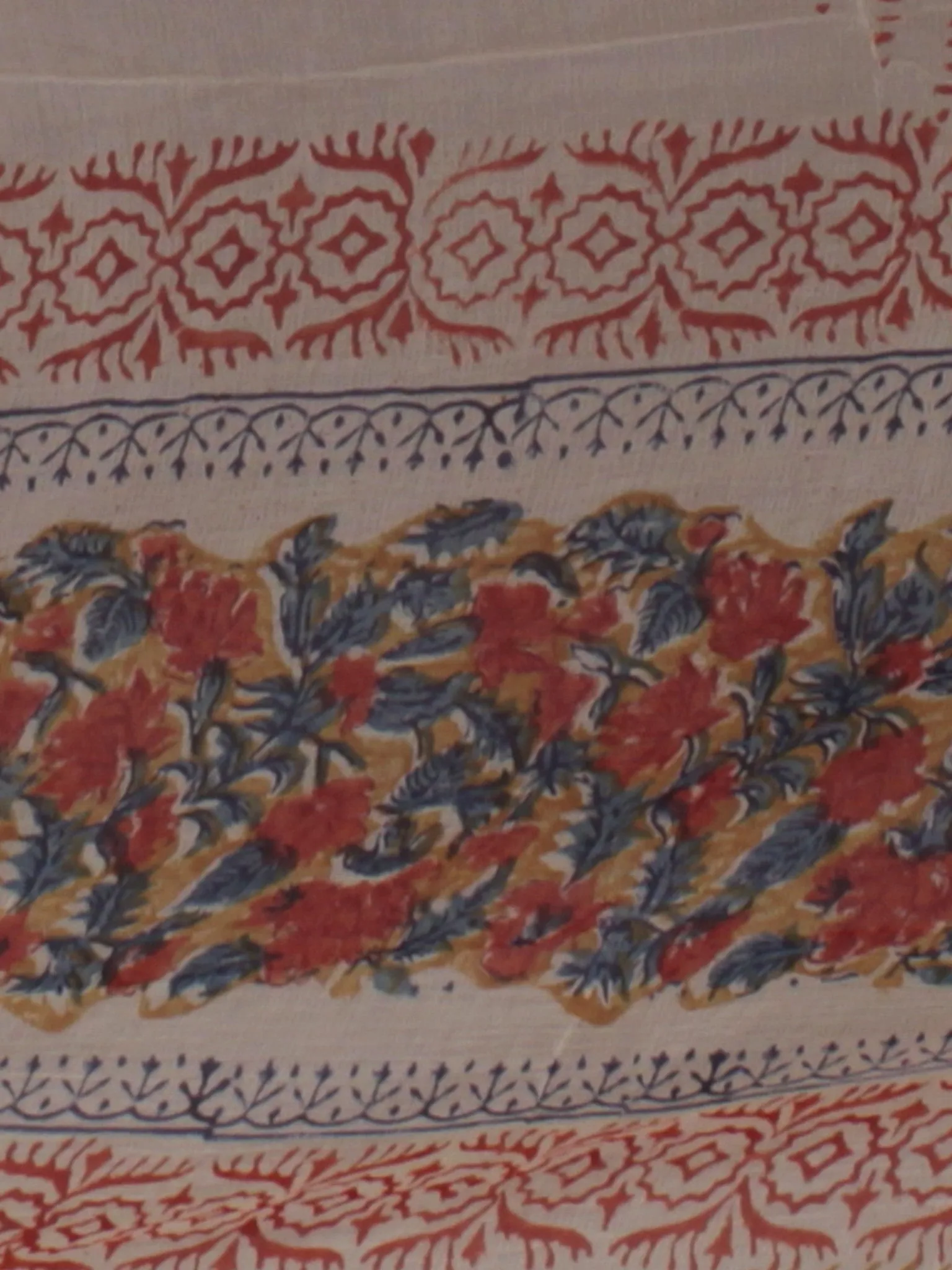 Mustard Red Blue Ivory Hand Block Printed Cotton Suit-Salwar Fabric With Chiffon Dupatta (Set of 3) - S16281277