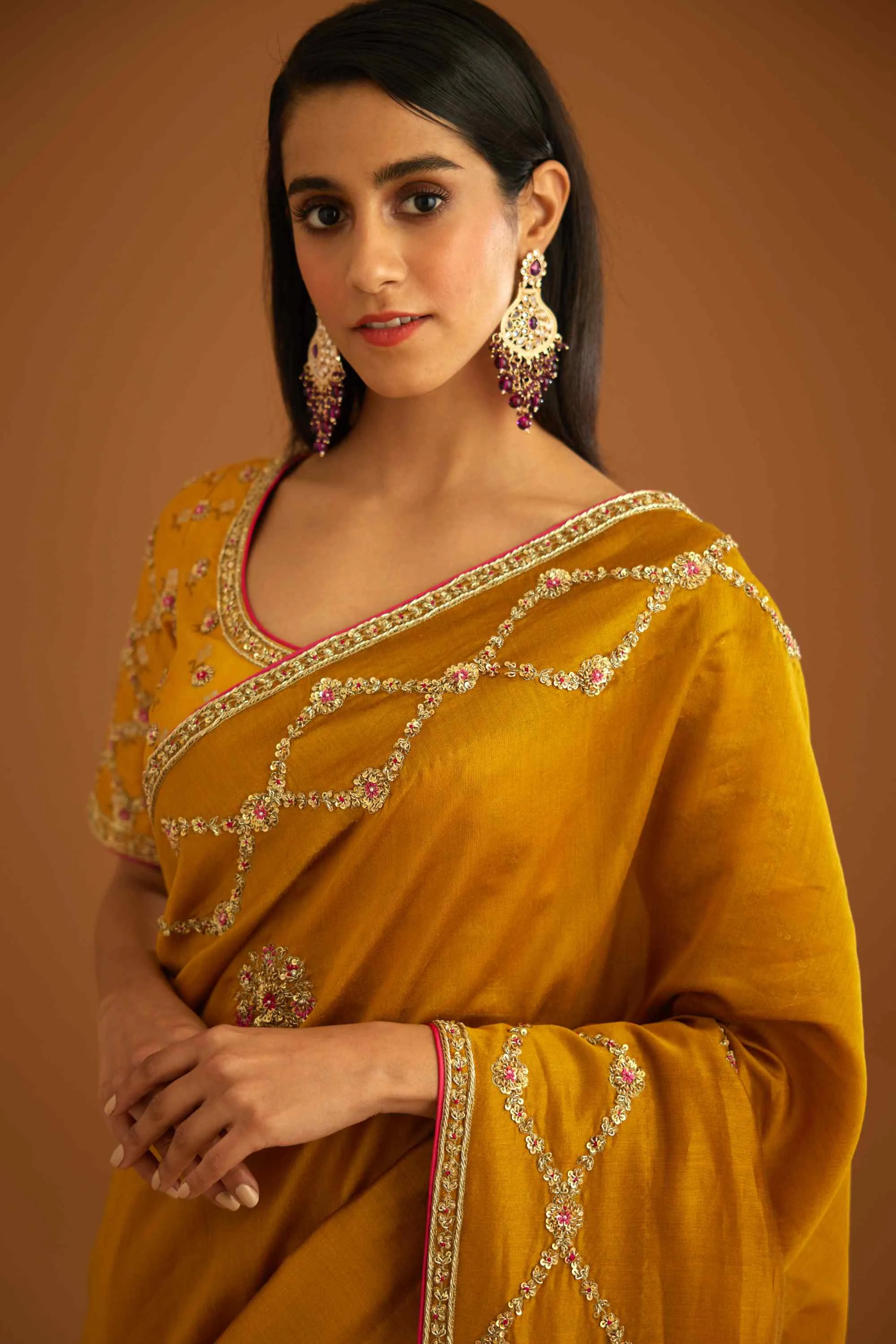 Mustard yellow zardozi sari and blouse