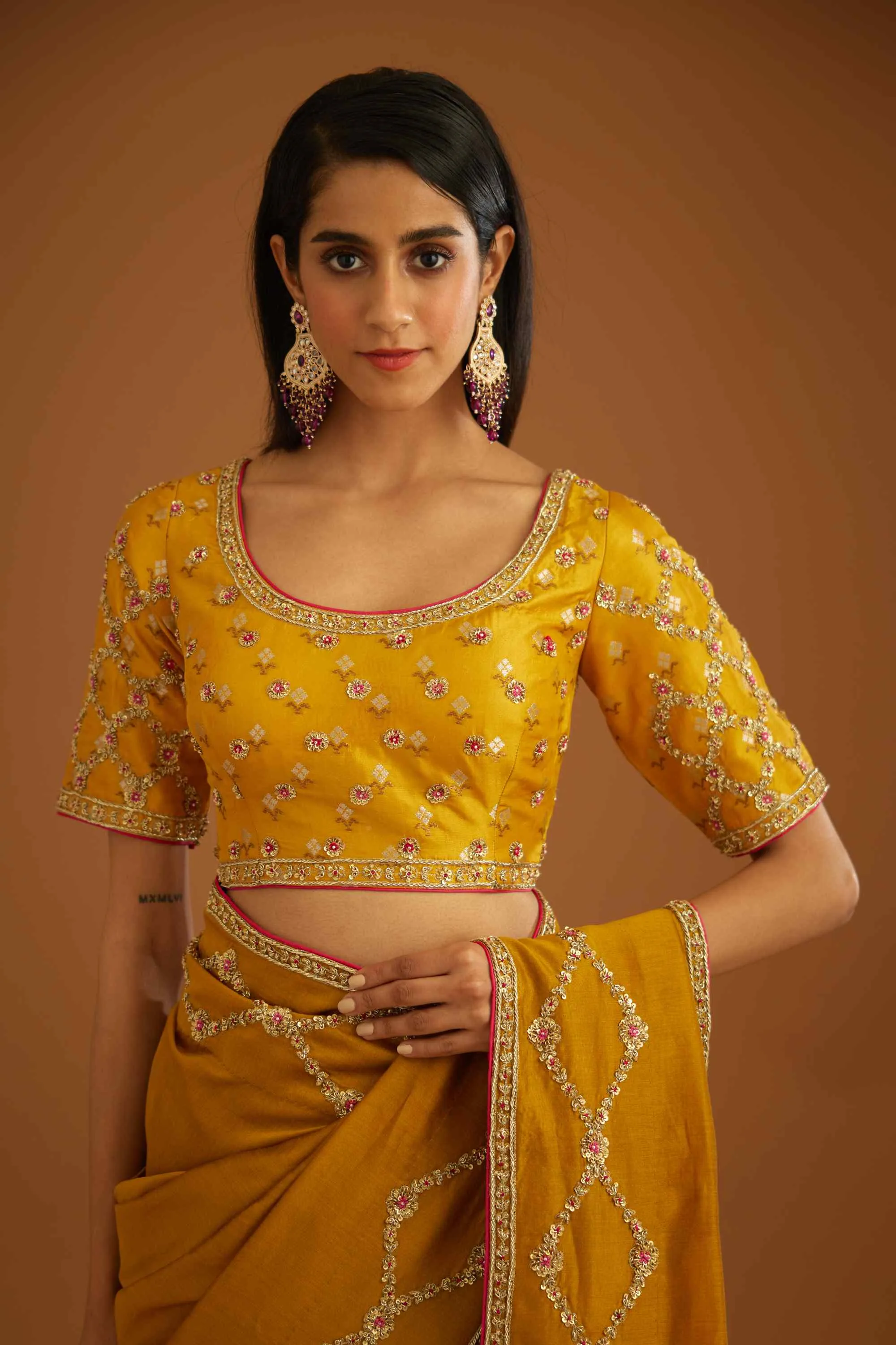 Mustard yellow zardozi sari and blouse