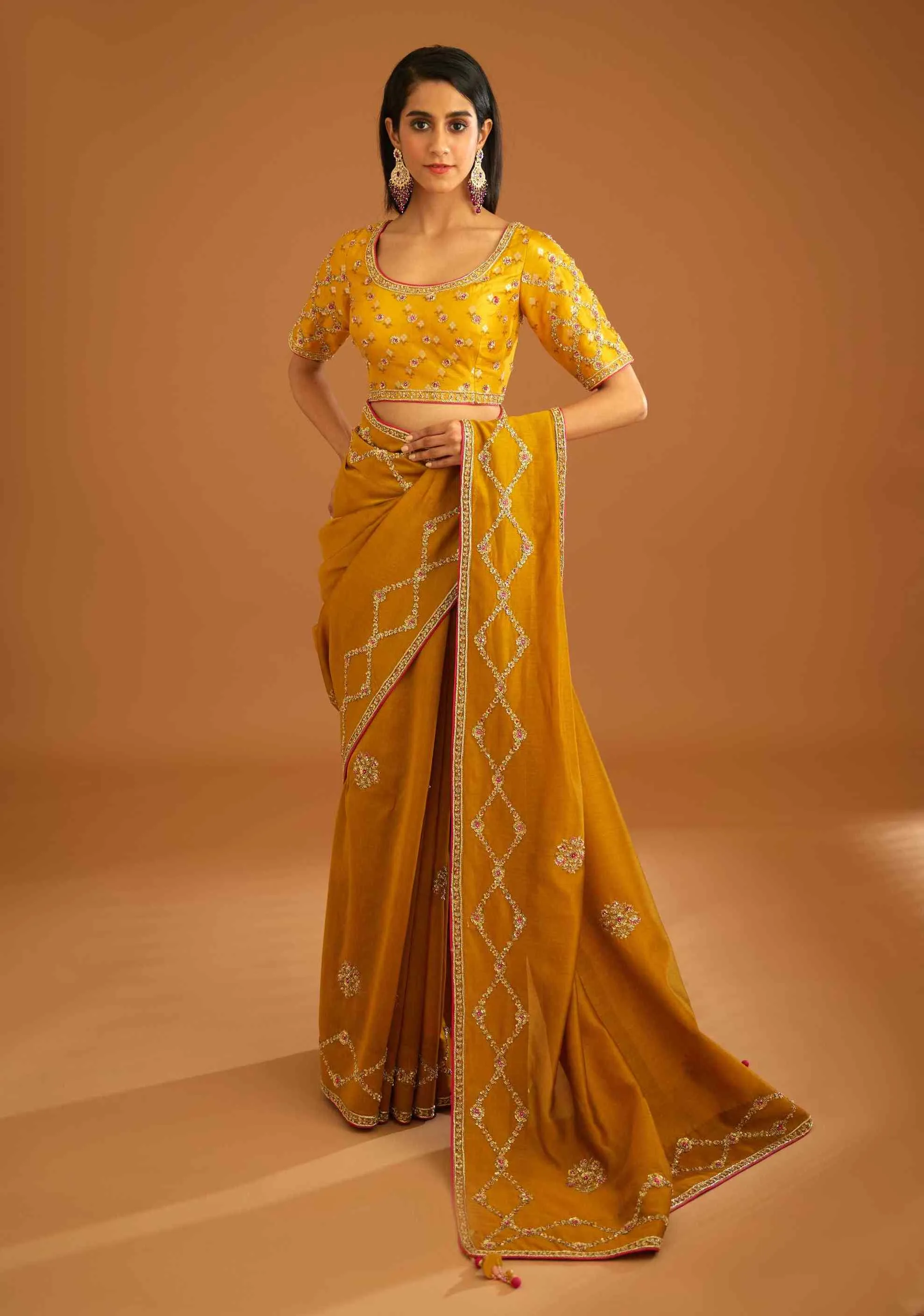 Mustard yellow zardozi sari and blouse