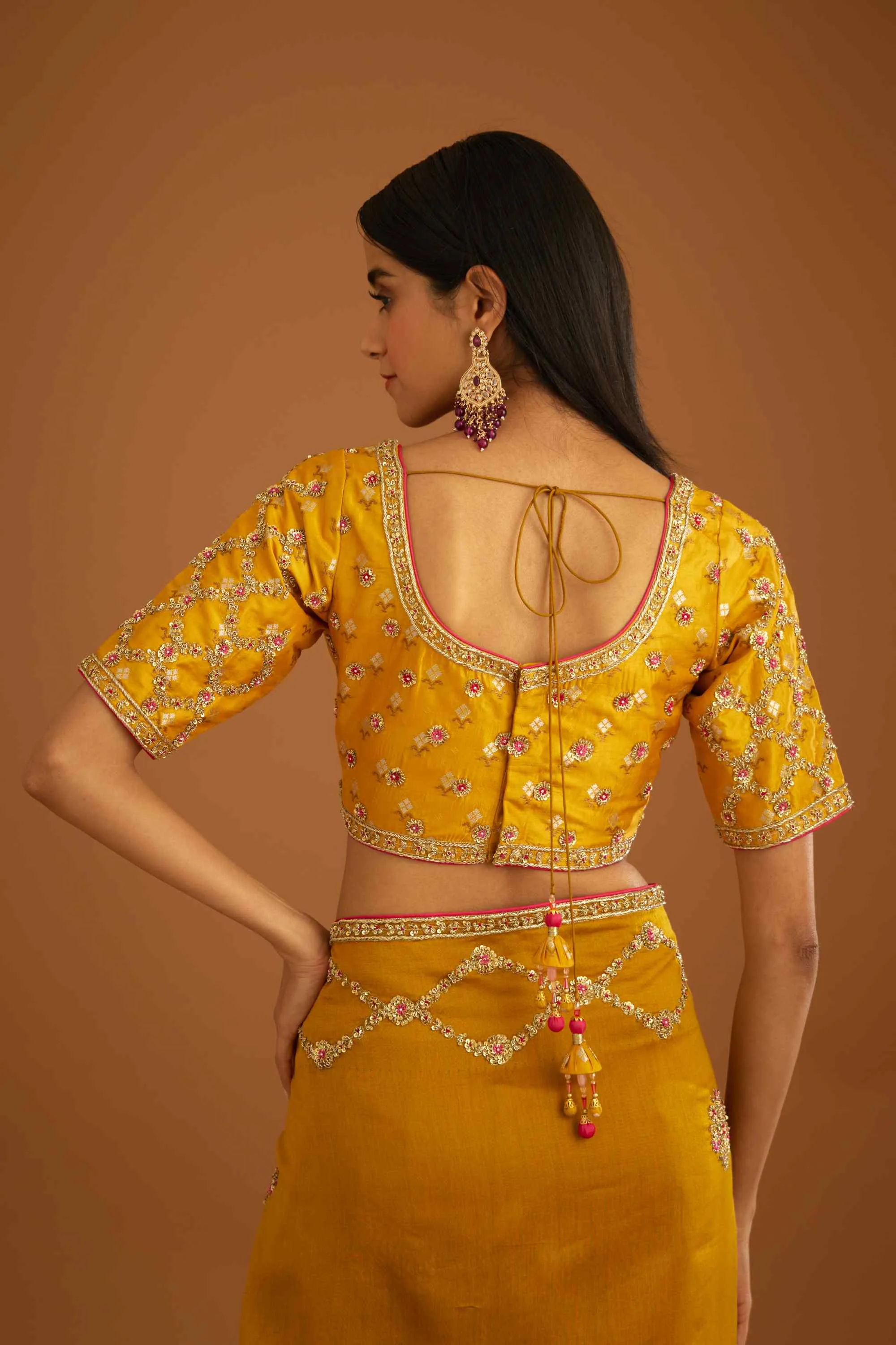 Mustard yellow zardozi sari and blouse
