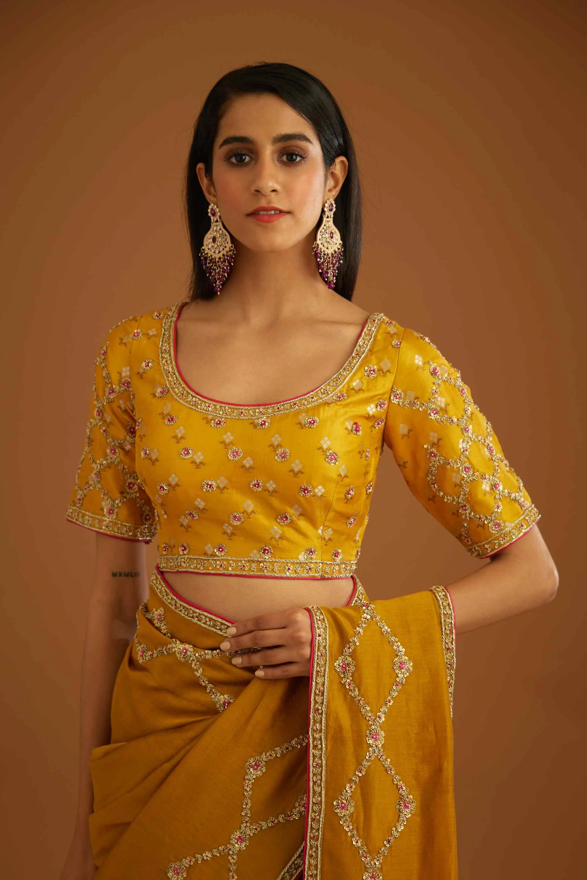 Mustard yellow zardozi sari and blouse