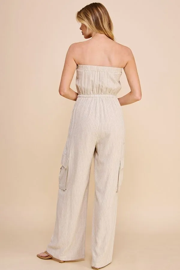 Naomi Pinstripe Cargo Jumpsuit - Natural/Black