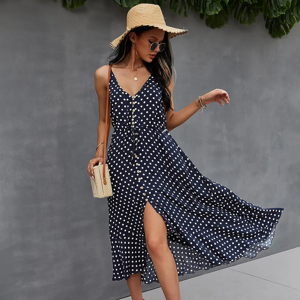 Navy Blue Front Buttoned Midi A-Line Dress