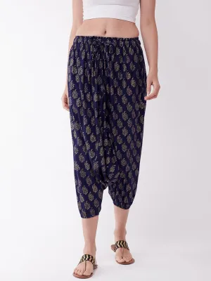 Navy Blue Gold Block Print Harem