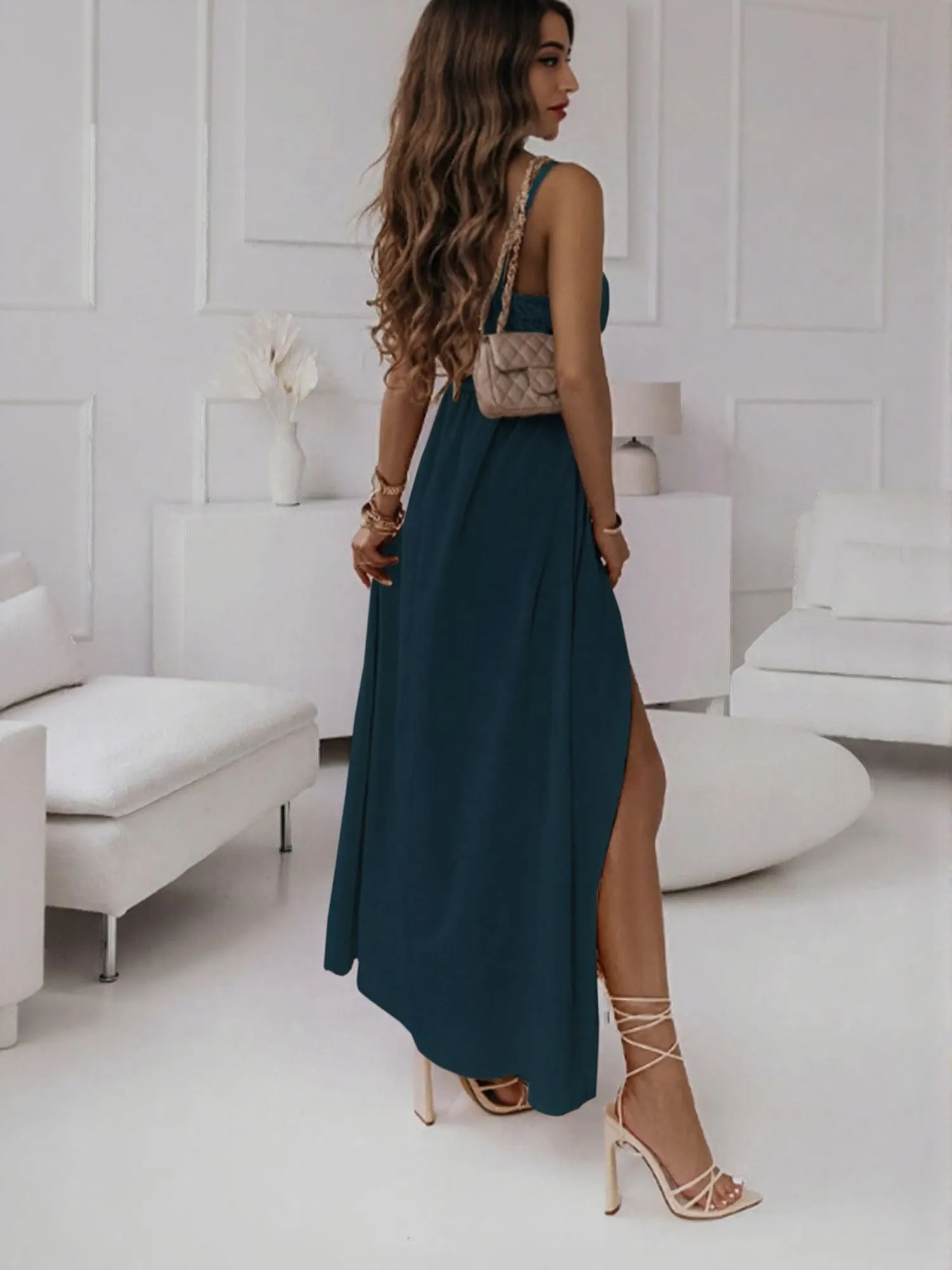 Navy Blue High Slit Wrap Maxi Dress