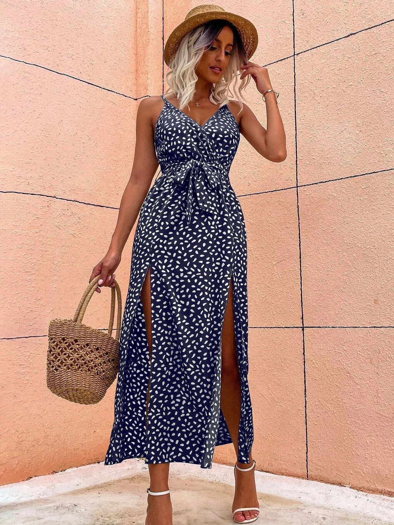 Navy Blue Strappy Midi Dress With High Slit