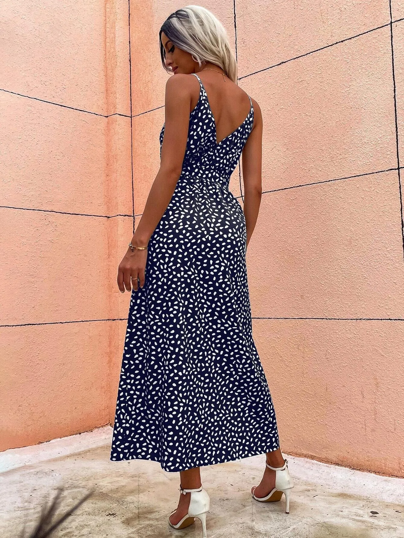 Navy Blue Strappy Midi Dress With High Slit