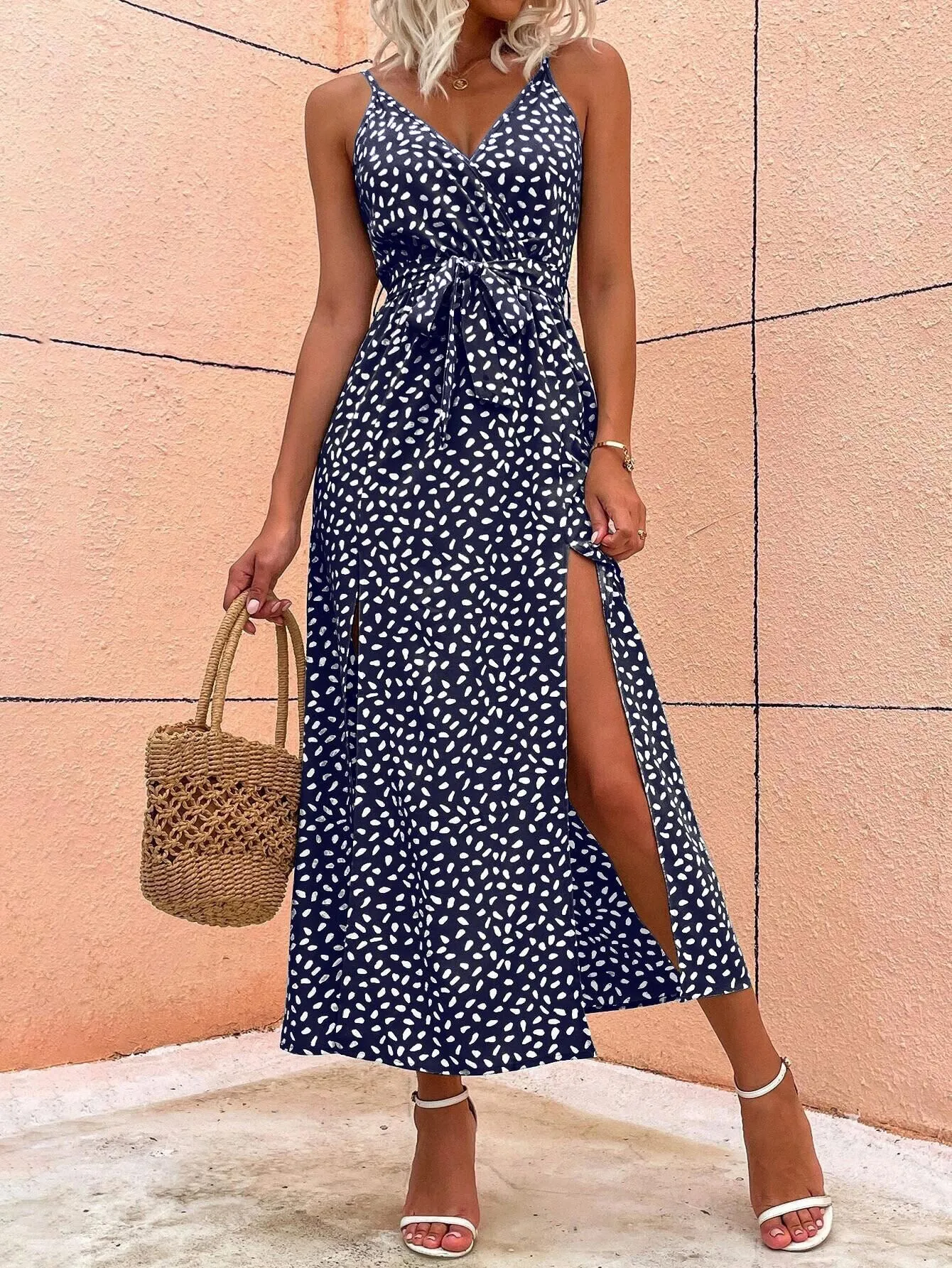 Navy Blue Strappy Midi Dress With High Slit