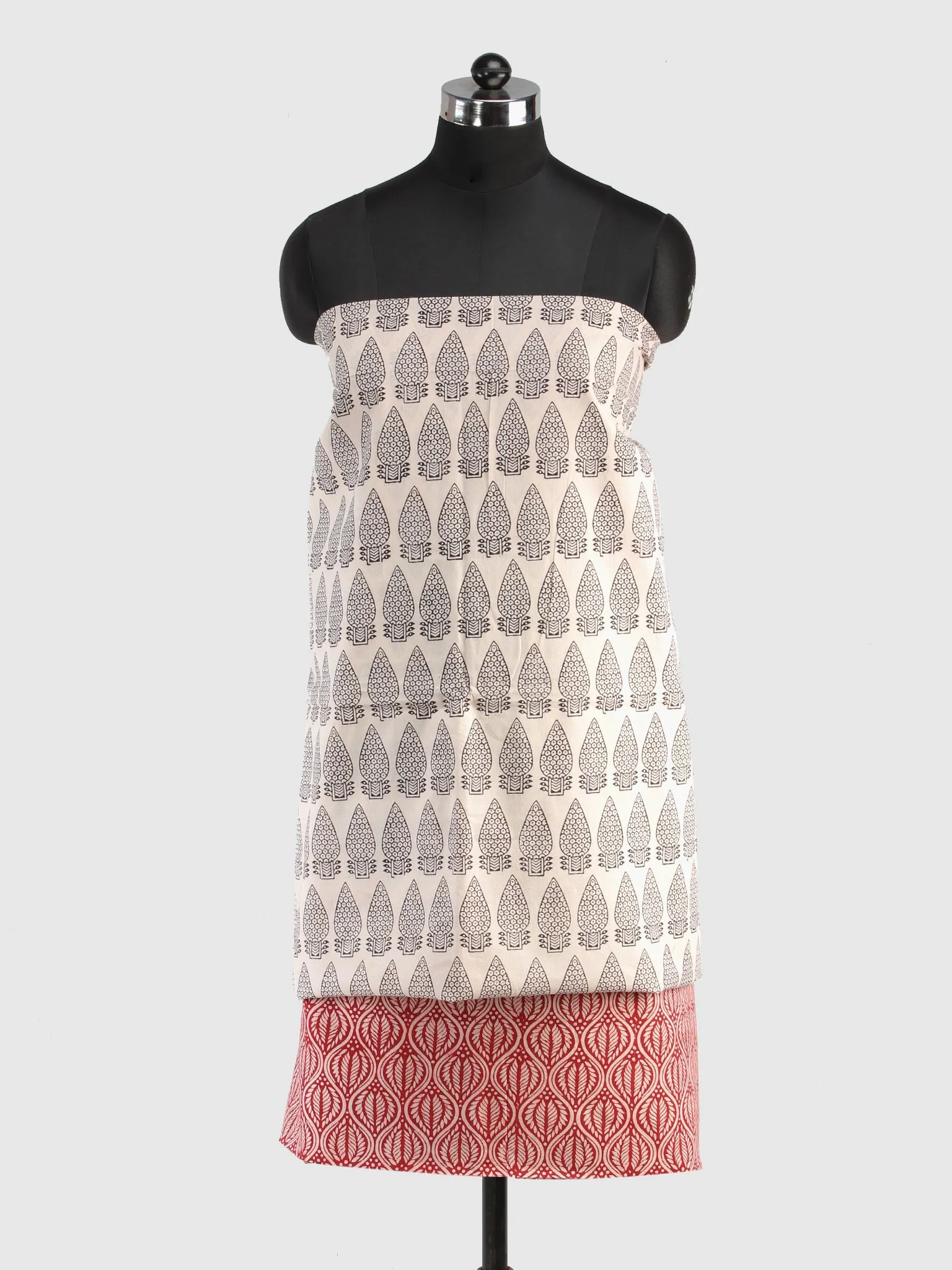 Off White Black Red Bagh Hand Block Printed Cotton Suit-Salwar Fabric With Cotton Dupatta (Set of 3) - SU01HB416