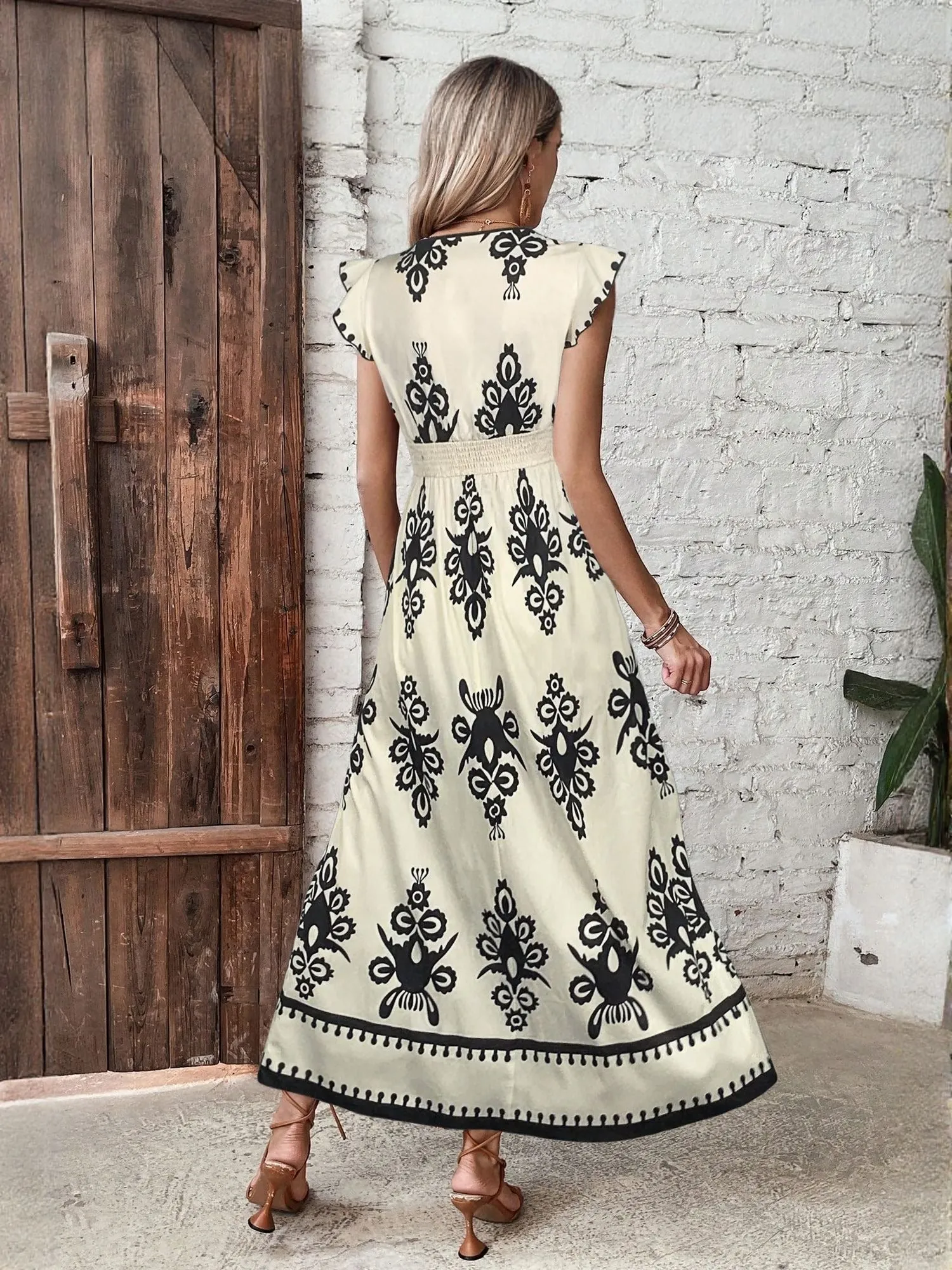 Off White Printed Maxi Dress With Slit