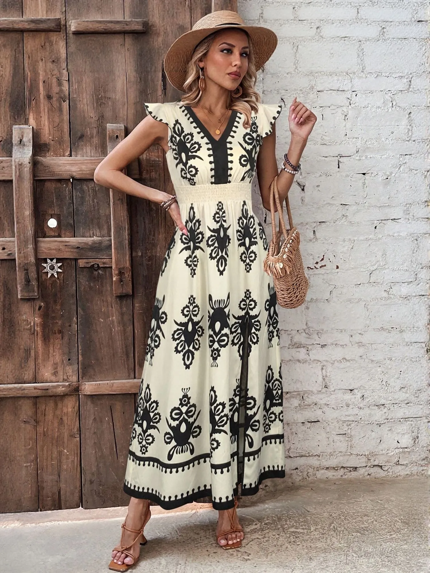 Off White Printed Maxi Dress With Slit