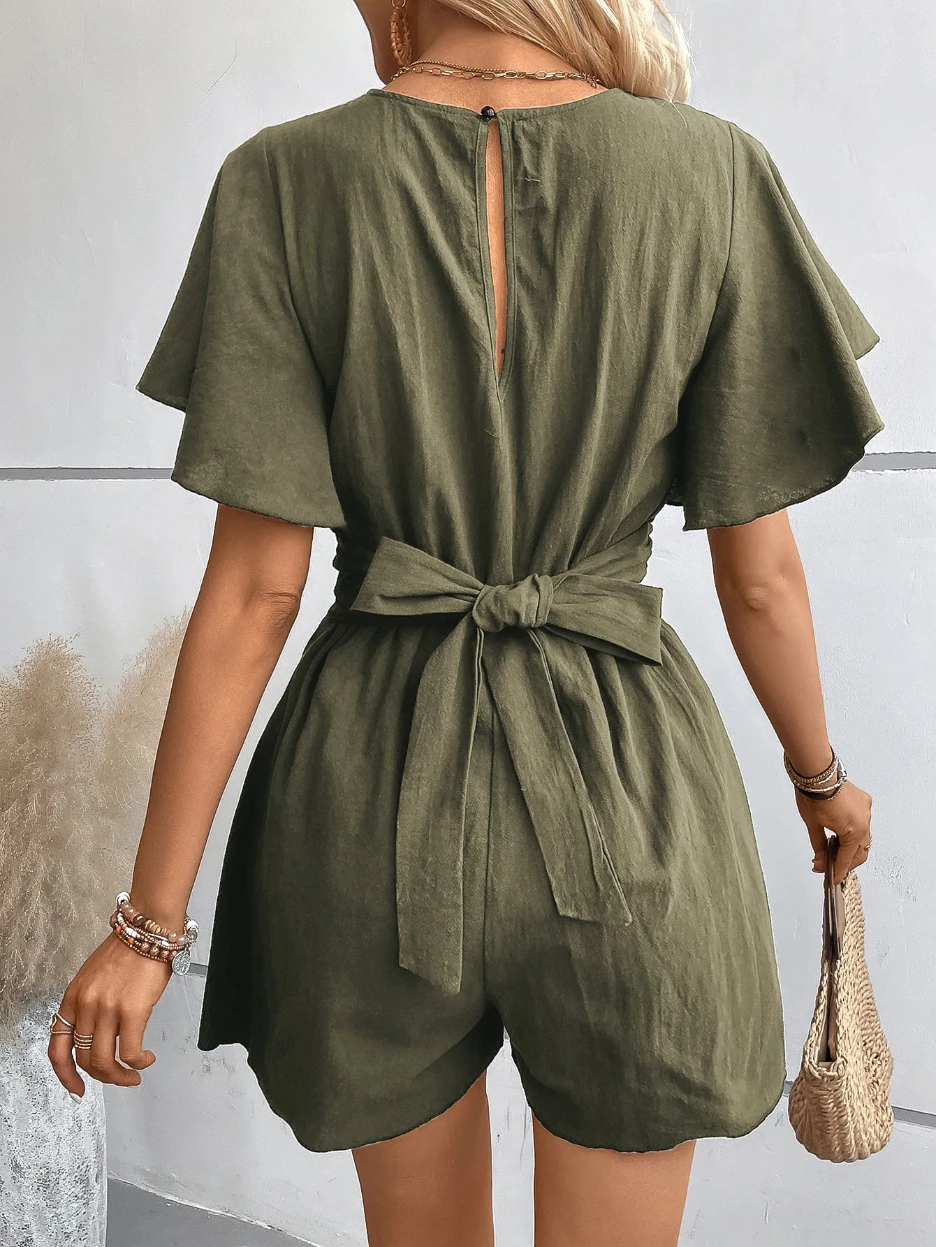 Olive Knot Detail Romper With Flared Sleeve