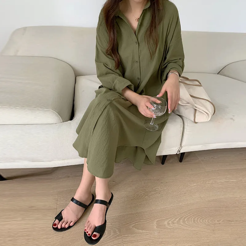 Olive Longline Button Down Shirt Dress