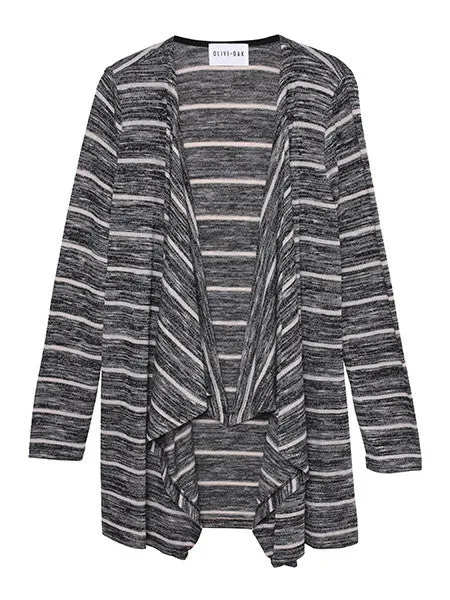 Olive   Oak Stripe Open Front Cardi | Light Heather Grey Stripe