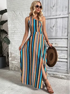 One Shoulder Multi Maxi Dress With Slit