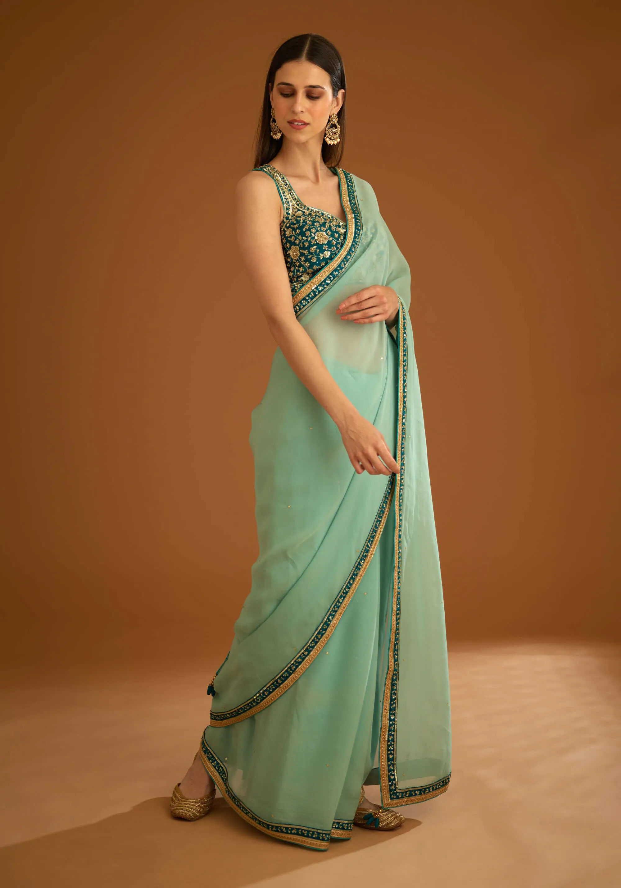Opal green chiffon sari and blouse