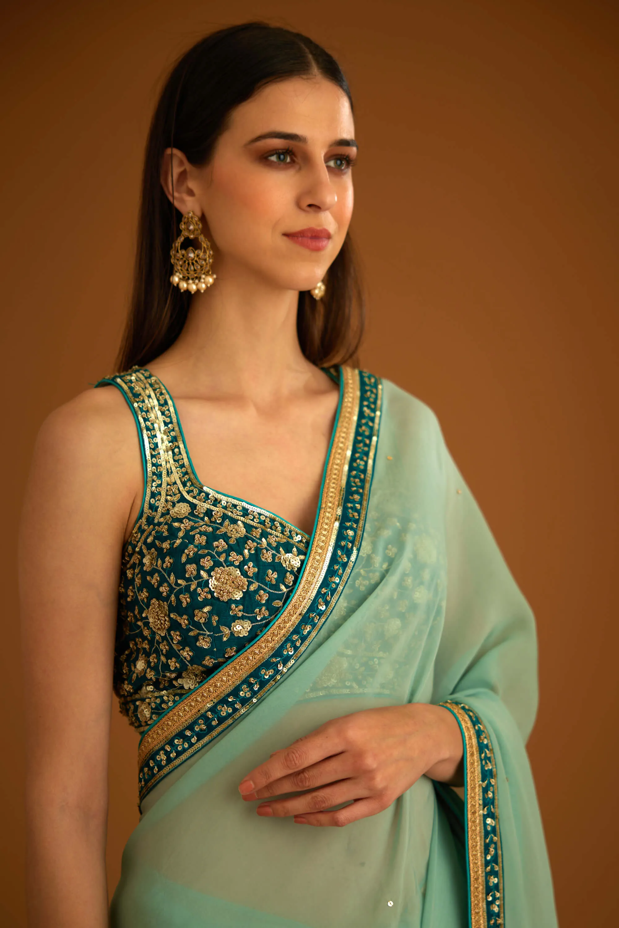 Opal green chiffon sari and blouse
