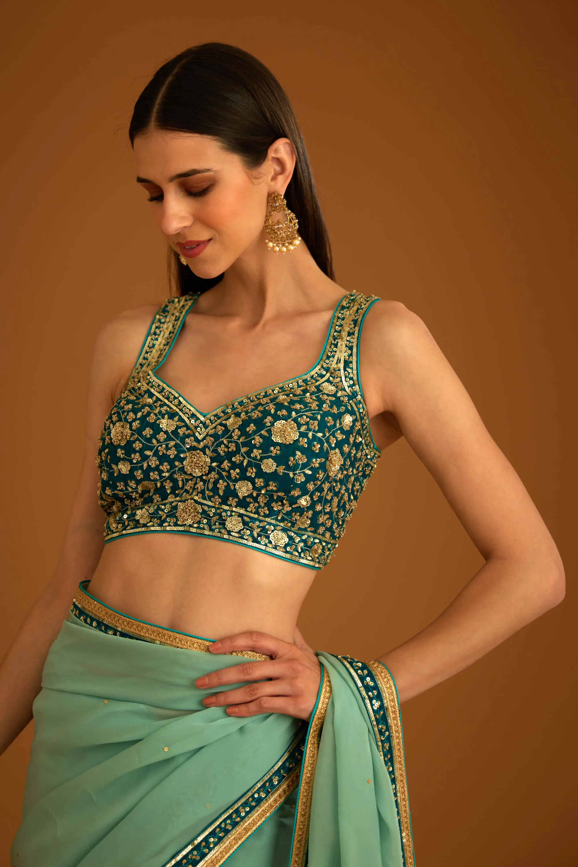 Opal green chiffon sari and blouse
