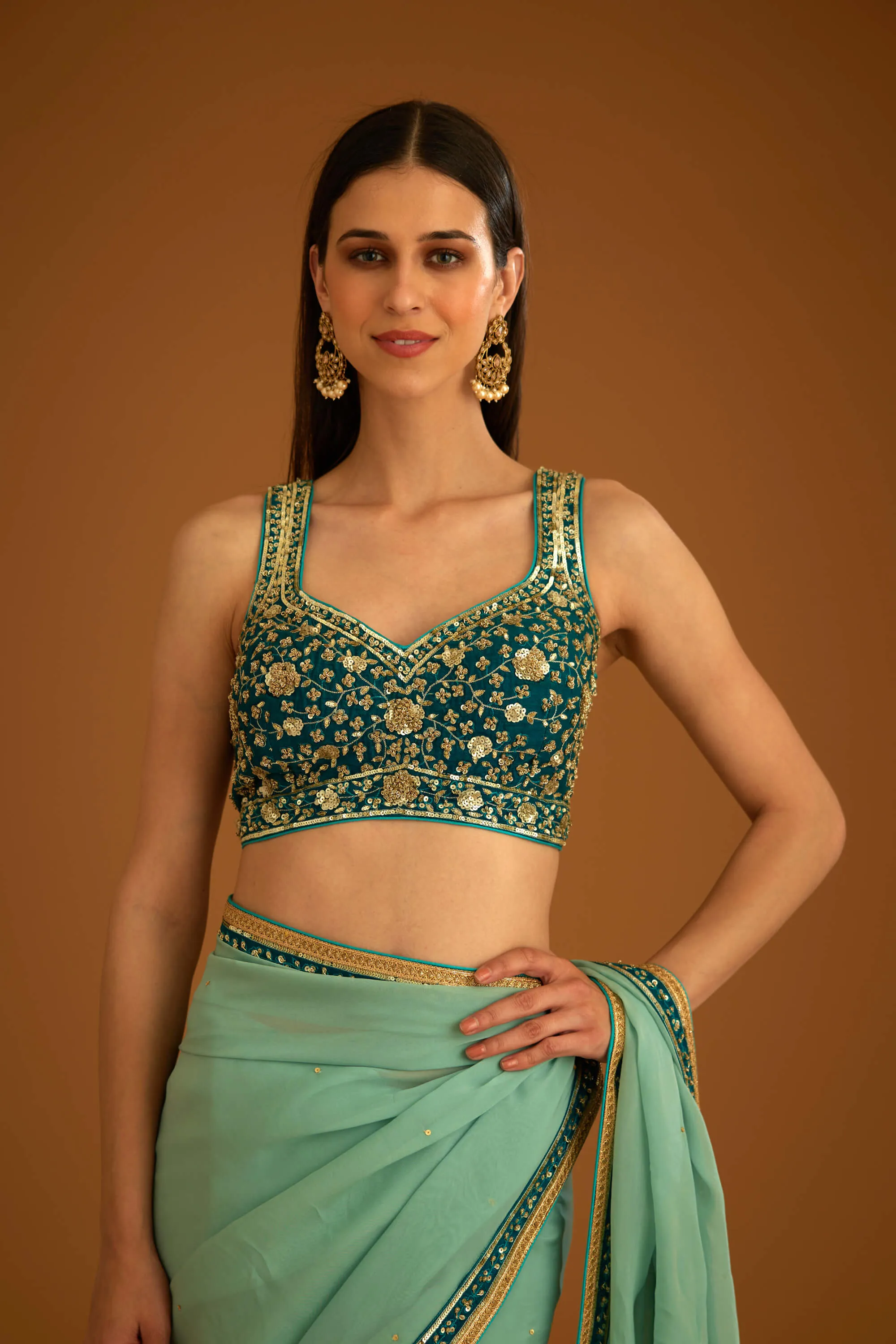 Opal green chiffon sari and blouse