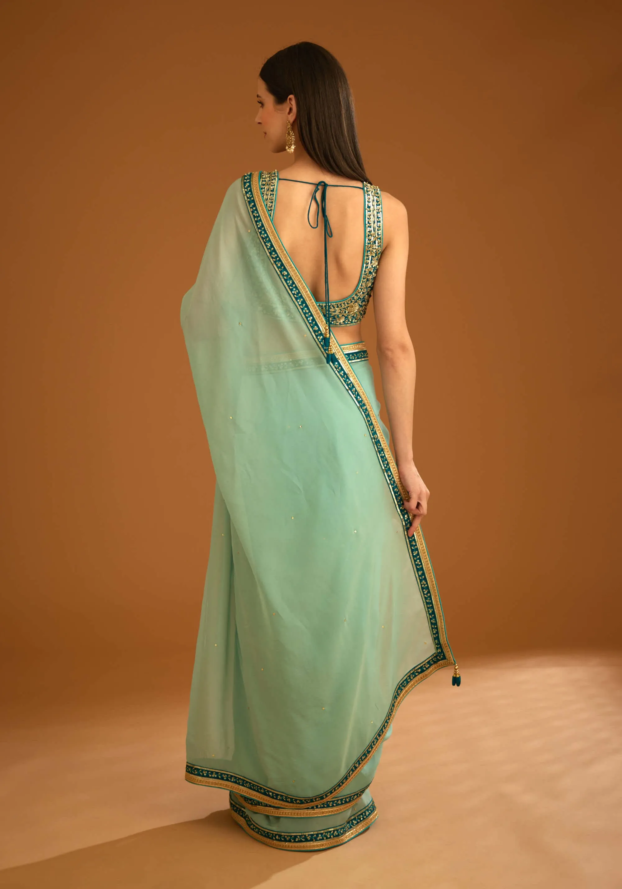 Opal green chiffon sari and blouse