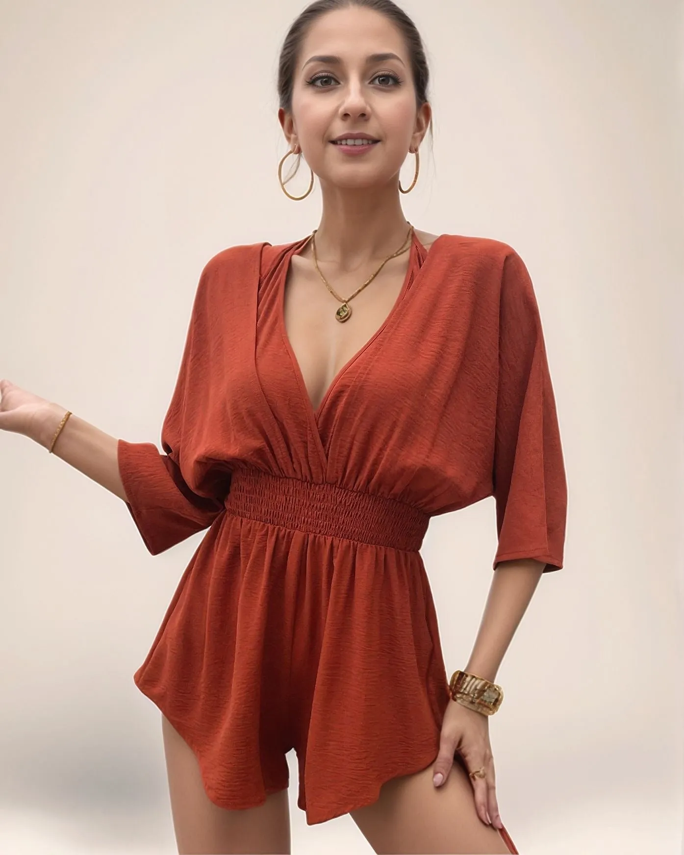 Orange Kimono Sleeve Romper