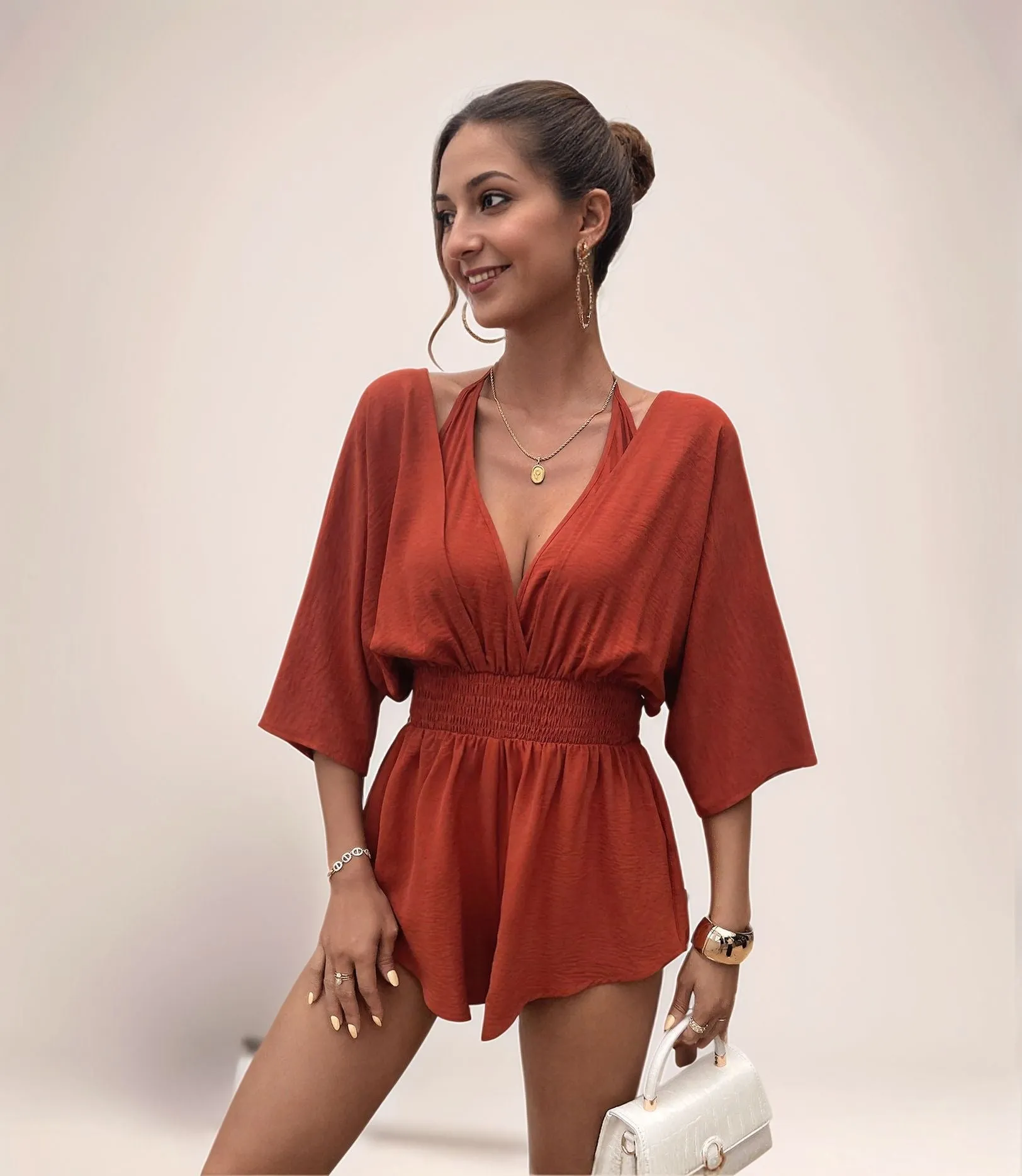 Orange Kimono Sleeve Romper