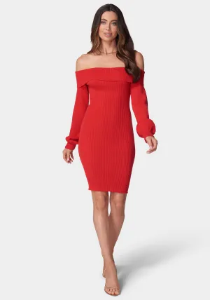 Overlay Balloon Sleeve Knit Dress