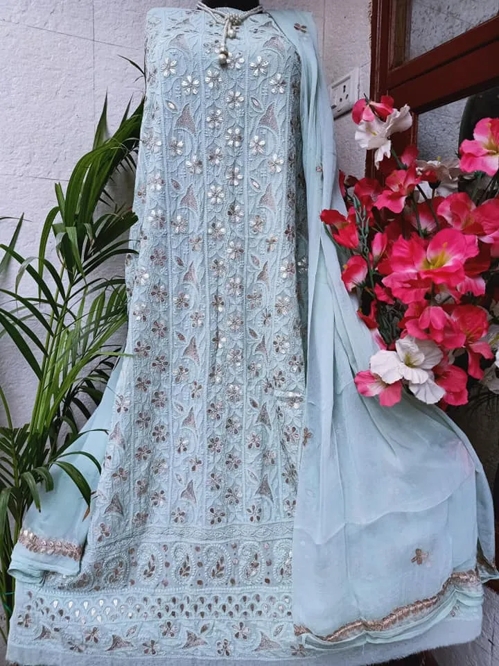 Pastel Blue Lucknowi Pure Chikankari Panel Gota Patti Salwar Suit Fabric Material