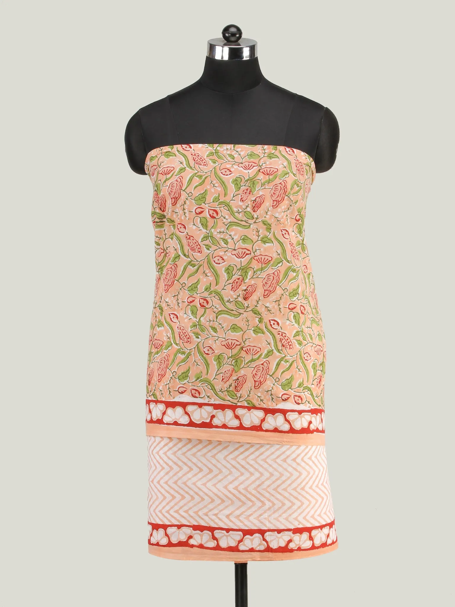 Peach Green Red Hand Block Printed Cotton Suit-Salwar Fabric With Chiffon Dupatta (Set of 3) - SU01HB440