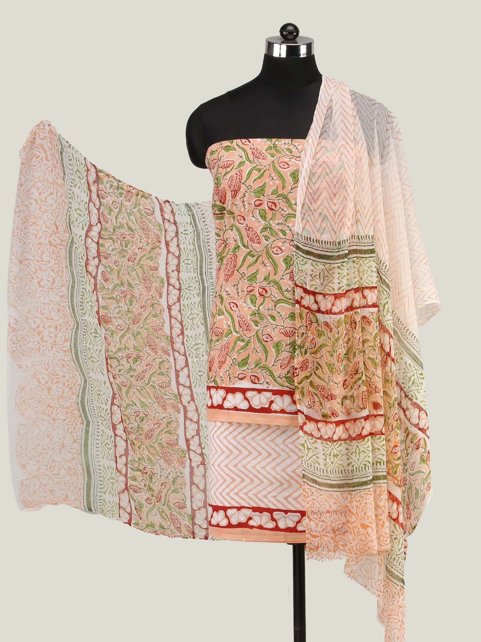 Peach Green Red Hand Block Printed Cotton Suit-Salwar Fabric With Chiffon Dupatta (Set of 3) - SU01HB440