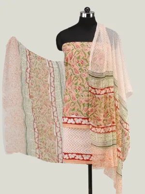 Peach Green Red Hand Block Printed Cotton Suit-Salwar Fabric With Chiffon Dupatta (Set of 3) - SU01HB440