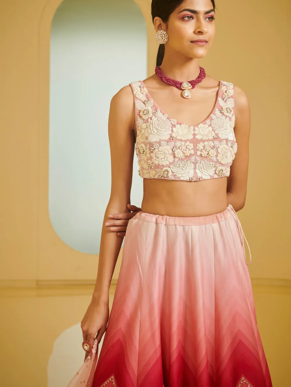 Pink Embroidered Highlighted Lehenga Set