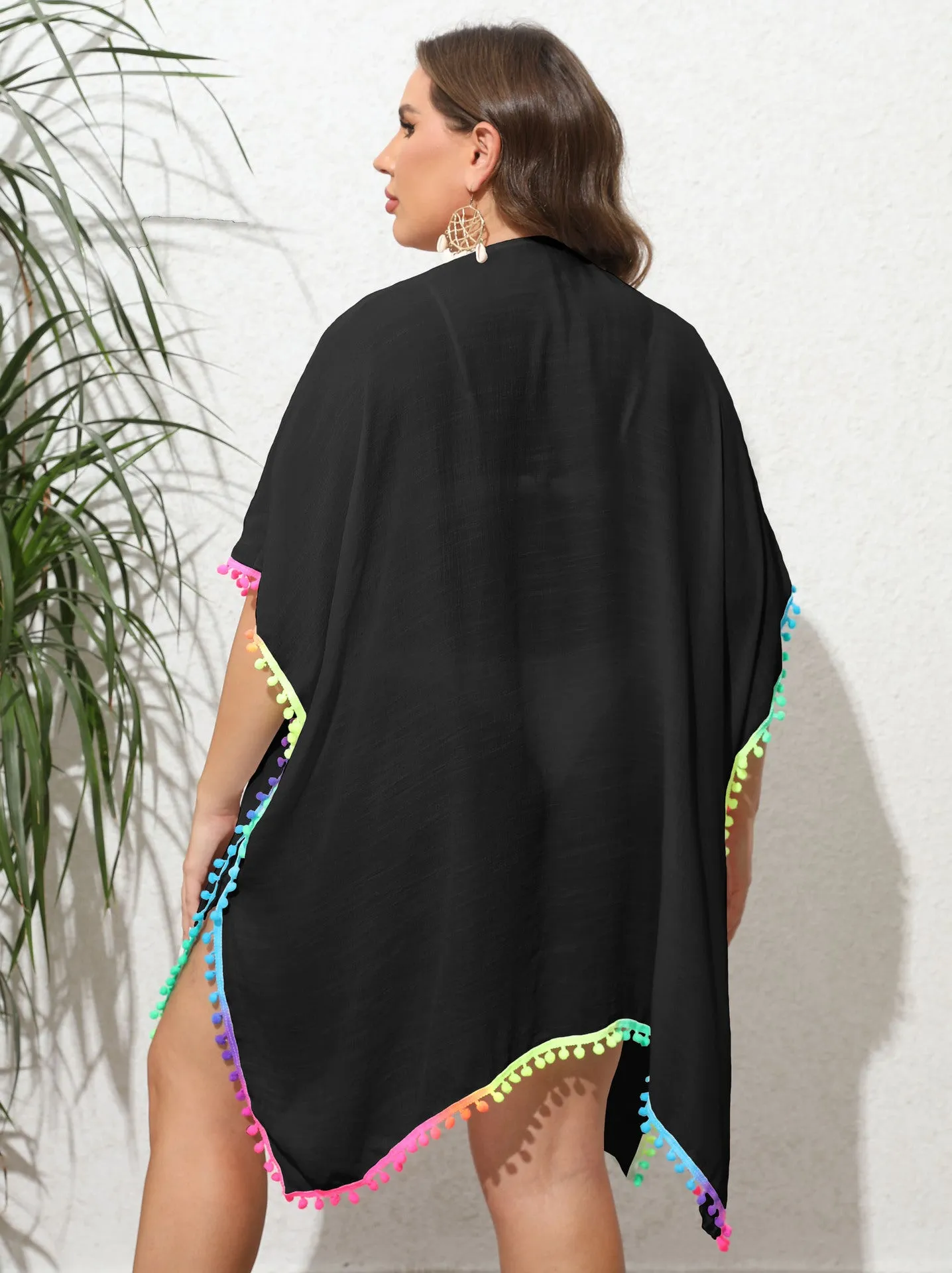 Playful Tassel-Trimmed Open-Front Cardigan Beach Cover-Up