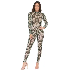 Playsuit Club Tribal Tattoo Sheer Mesh Print Jumpsuit