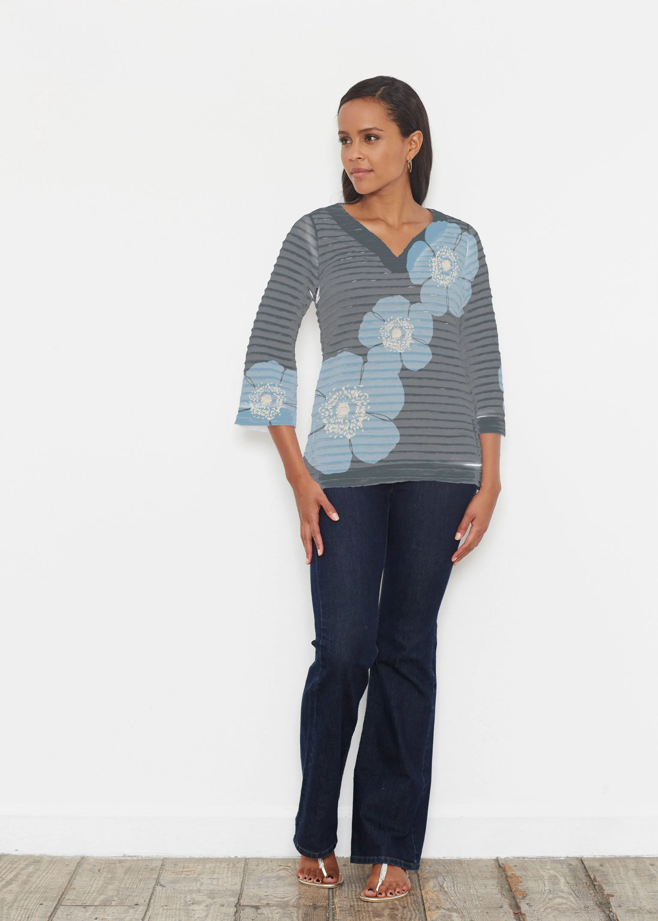 Poppy SteelBlue-Grey (7066) ~ Banded 3/4 Bell-Sleeve V-Neck Tunic