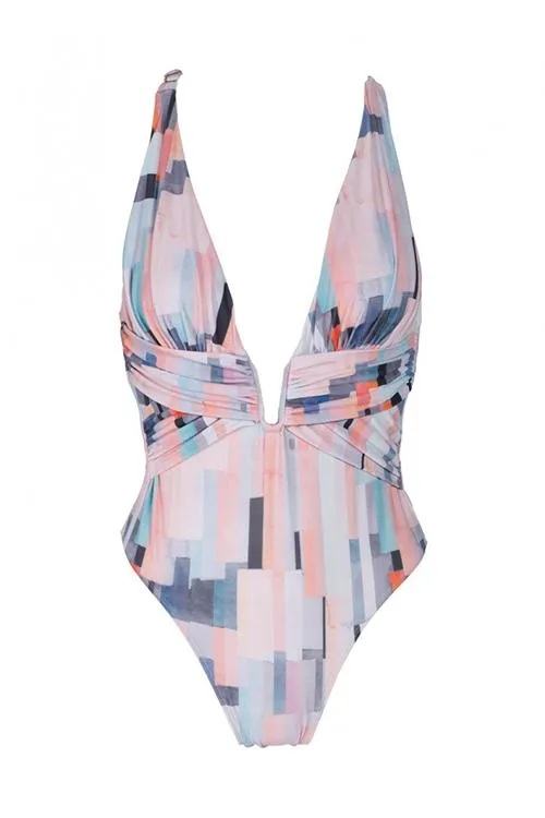 Print Deep V Neck Backless One Piece Swimwear