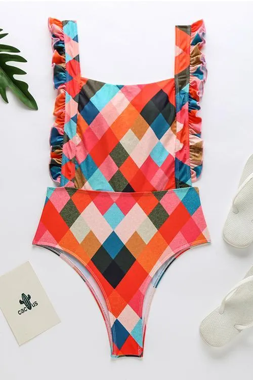 Print Ruffles One Piece Swimwear