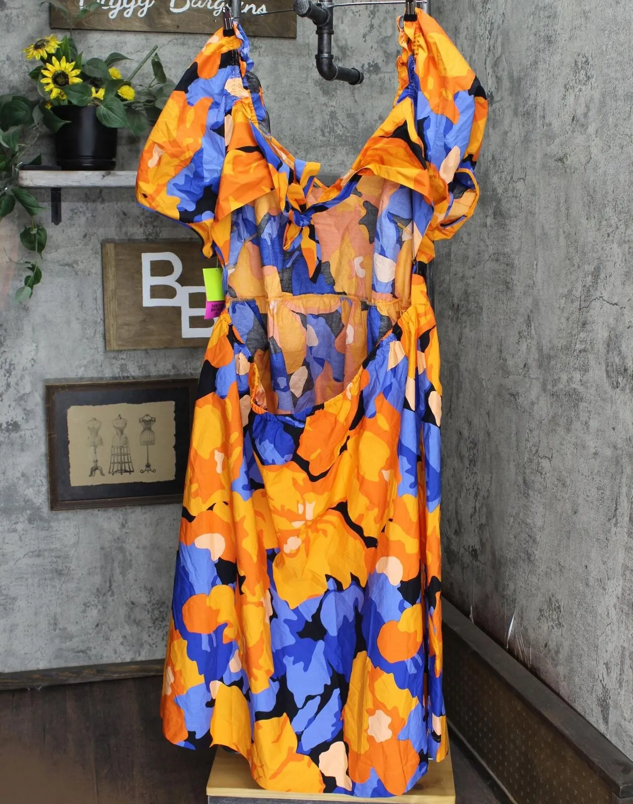 Private Label Floral Print Puff Sleeve Tie-Back Midi Dress Orange / Blue 28W/30W
