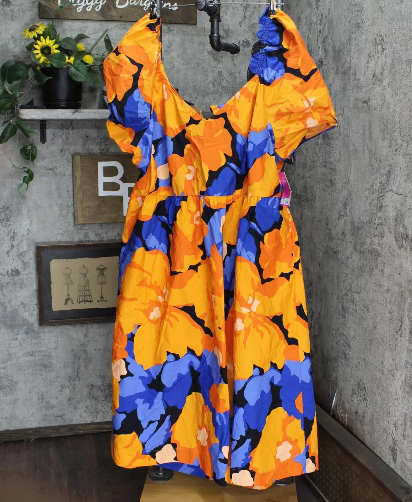 Private Label Floral Print Puff Sleeve Tie-Back Midi Dress Orange / Blue 28W/30W