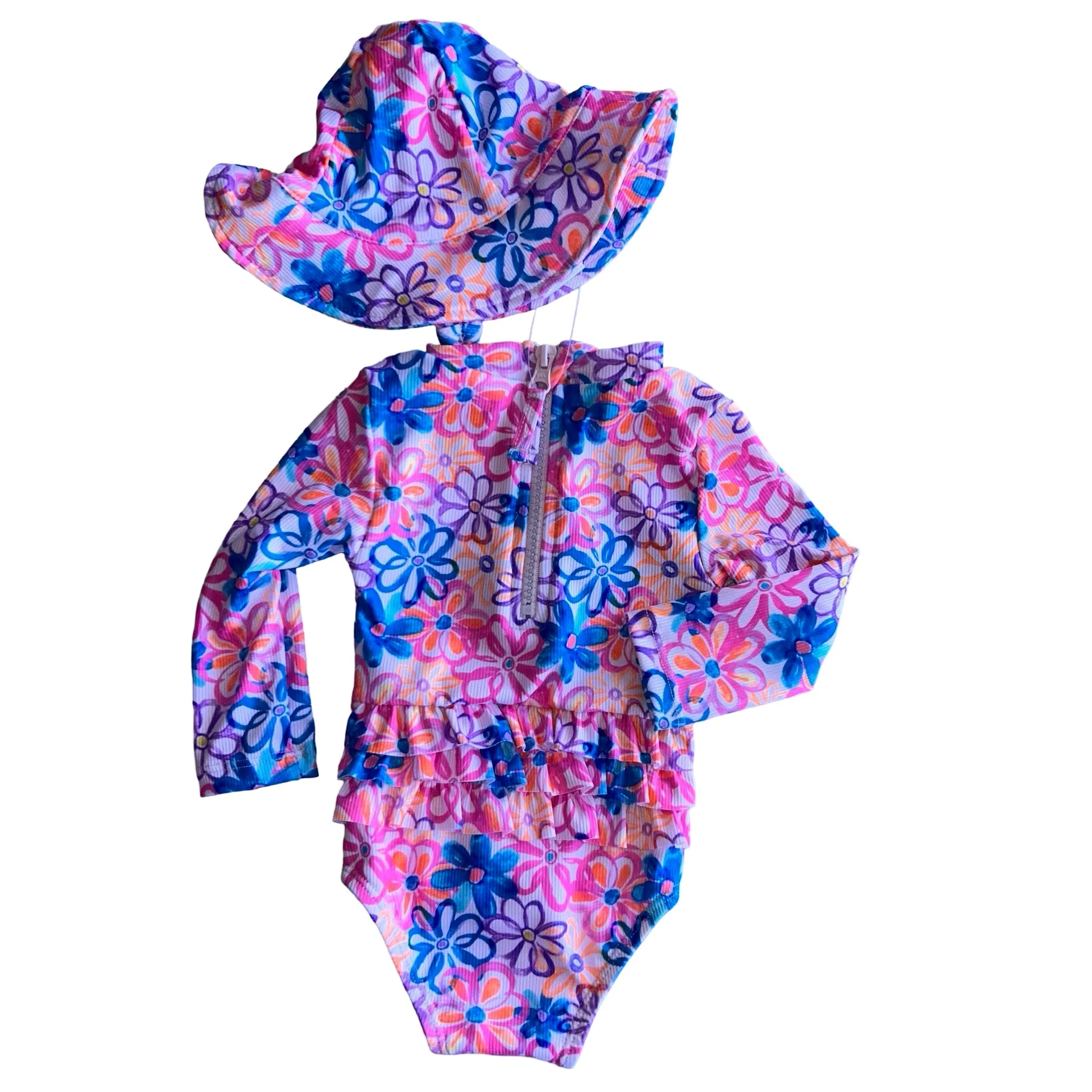 Rash Guard Set w/ Hat | Floral Printed Rib