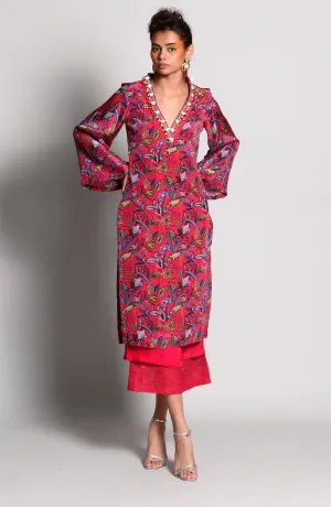 Raspberry Pink Printed Kurta With Pants