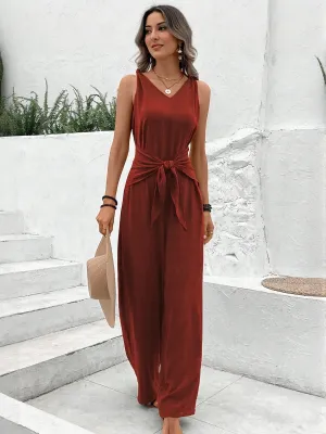 Red Jumpsuit With Waist Tie Up Detail