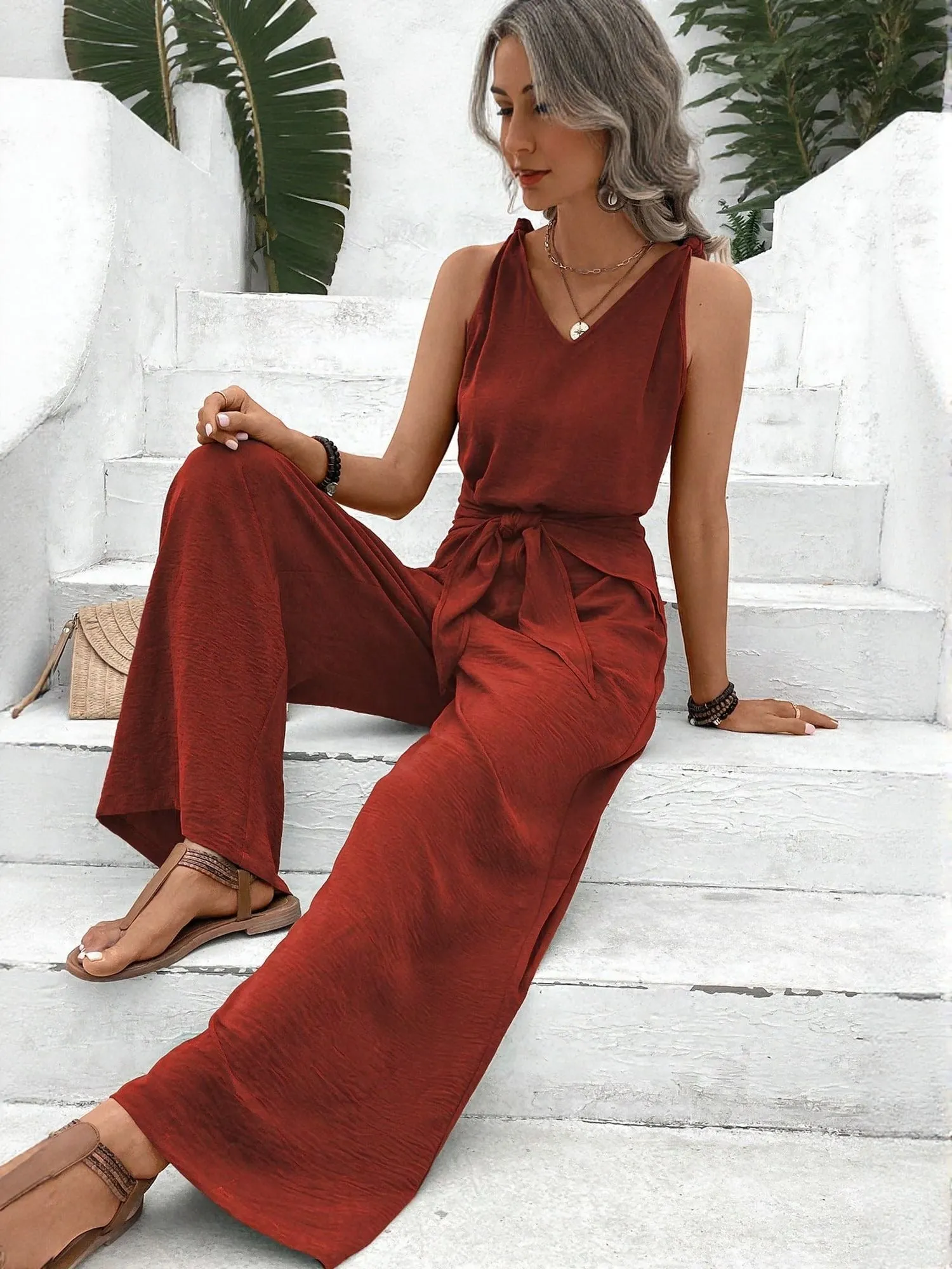 Red Jumpsuit With Waist Tie Up Detail