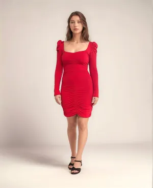 Red Long Sleeve Ruched Bodycon Dress
