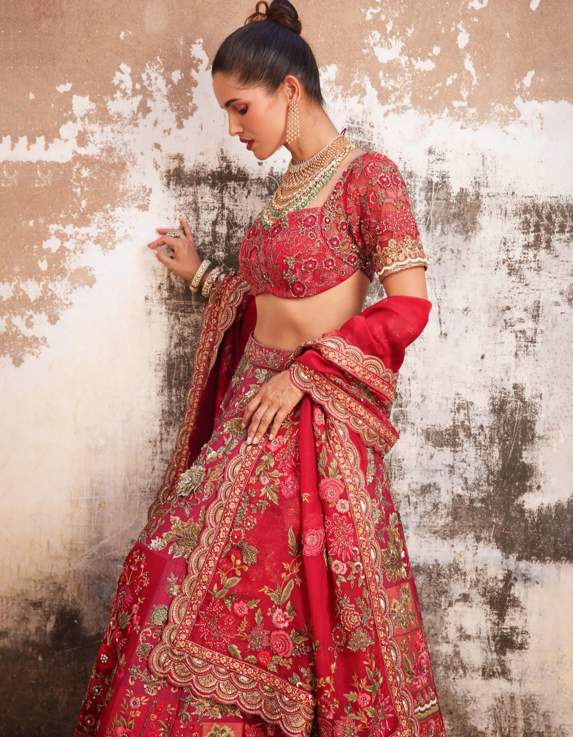 Red multi patchwork lehenga set
