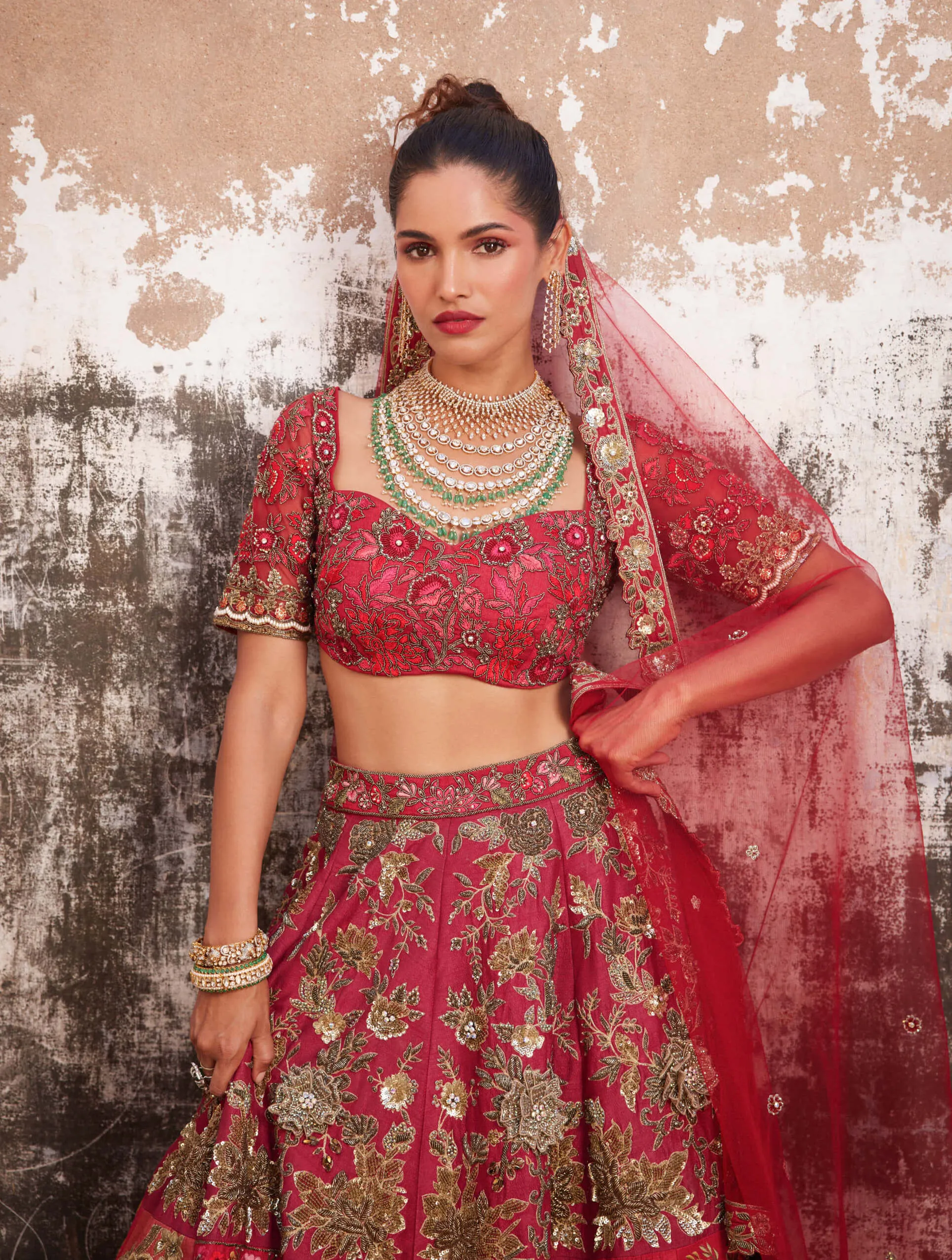 Red multi patchwork lehenga set