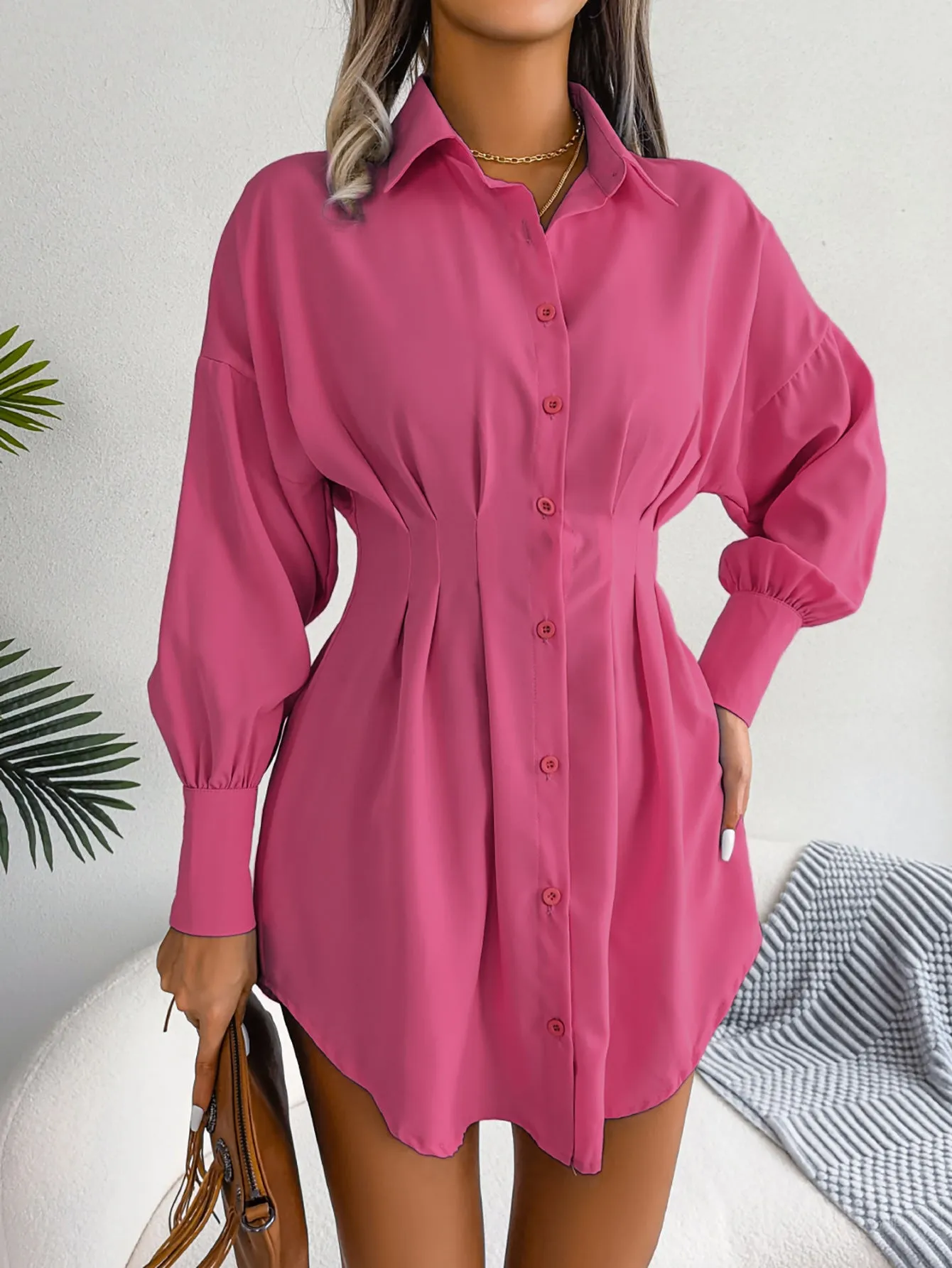 Red Sinched Waist Shirt Dress